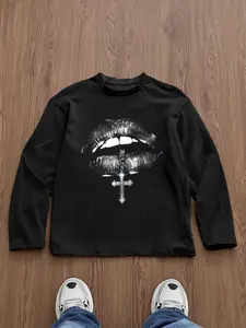 Men's Slim-Fit Graphic Long Sleeve T-Shirt, Lips Cross Print, Casual Street Style, All Seasons Wear, Unisex Fashion Top