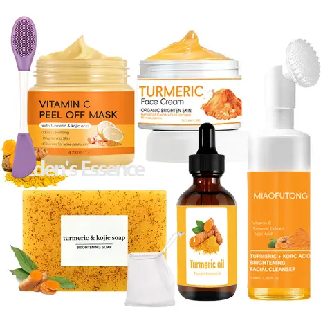 Turmeric 6-Piece Skincare Gift Set with Massage Cleansing Brush - Complete Care Bundle for Face Care, Morning Routine Glow (Clay Mask Detox, Mousse Cleanser, Soap, Cream, Oil for Glow)
