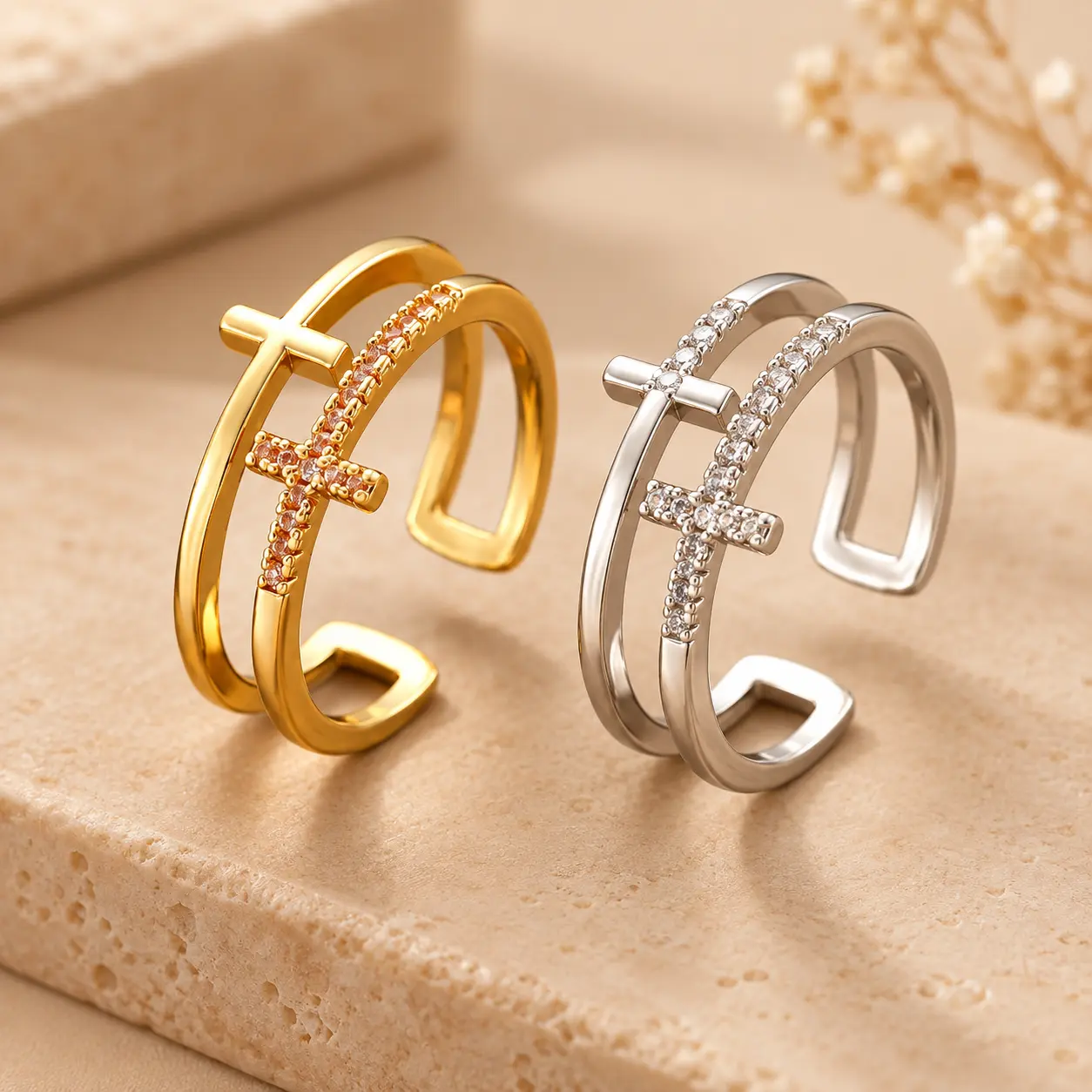 BOOVO Adjustable Cross Ring for Women, Gold Rhinestone Cross Ring, Open Faith Ring, Christian Religious Jewelry for Everyday Wear
