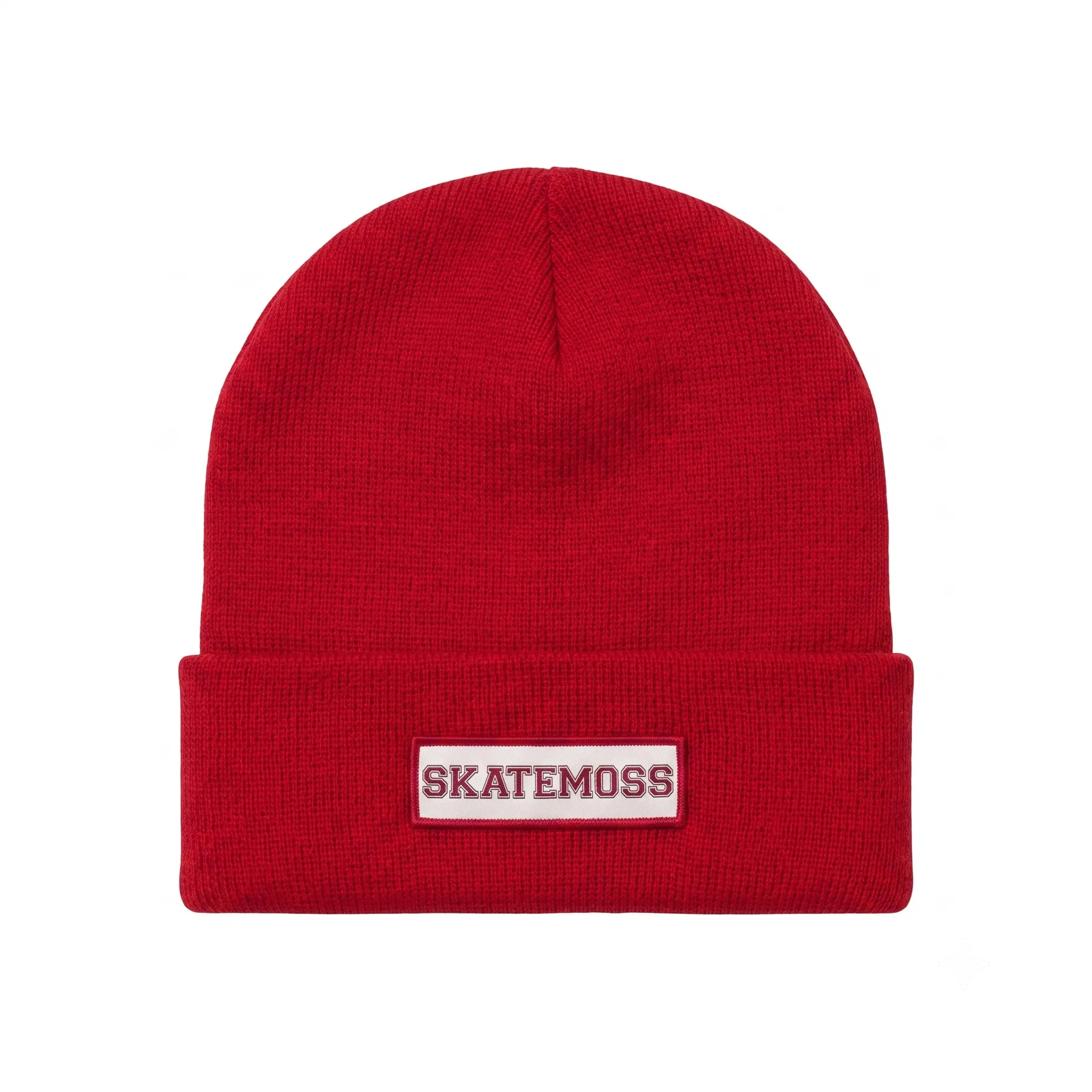SkateMoss Signage Knit Beanie – Varsity Red Cuffed Winter Cap with Matching Logo Patch