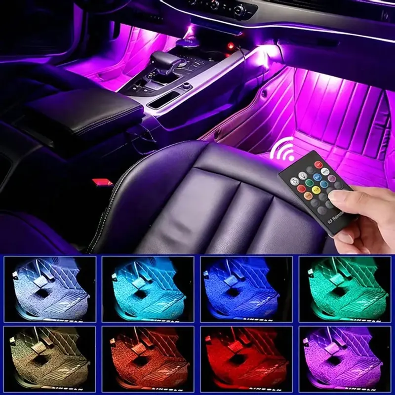 Car LED Strip Lights 4Pcs 48 LED Interior Multicolor Music Car Strip Light Under Dash Lighting Kit with Sound Active Function Remote Controller DC 12V Dual Mode RGB Foot Lights