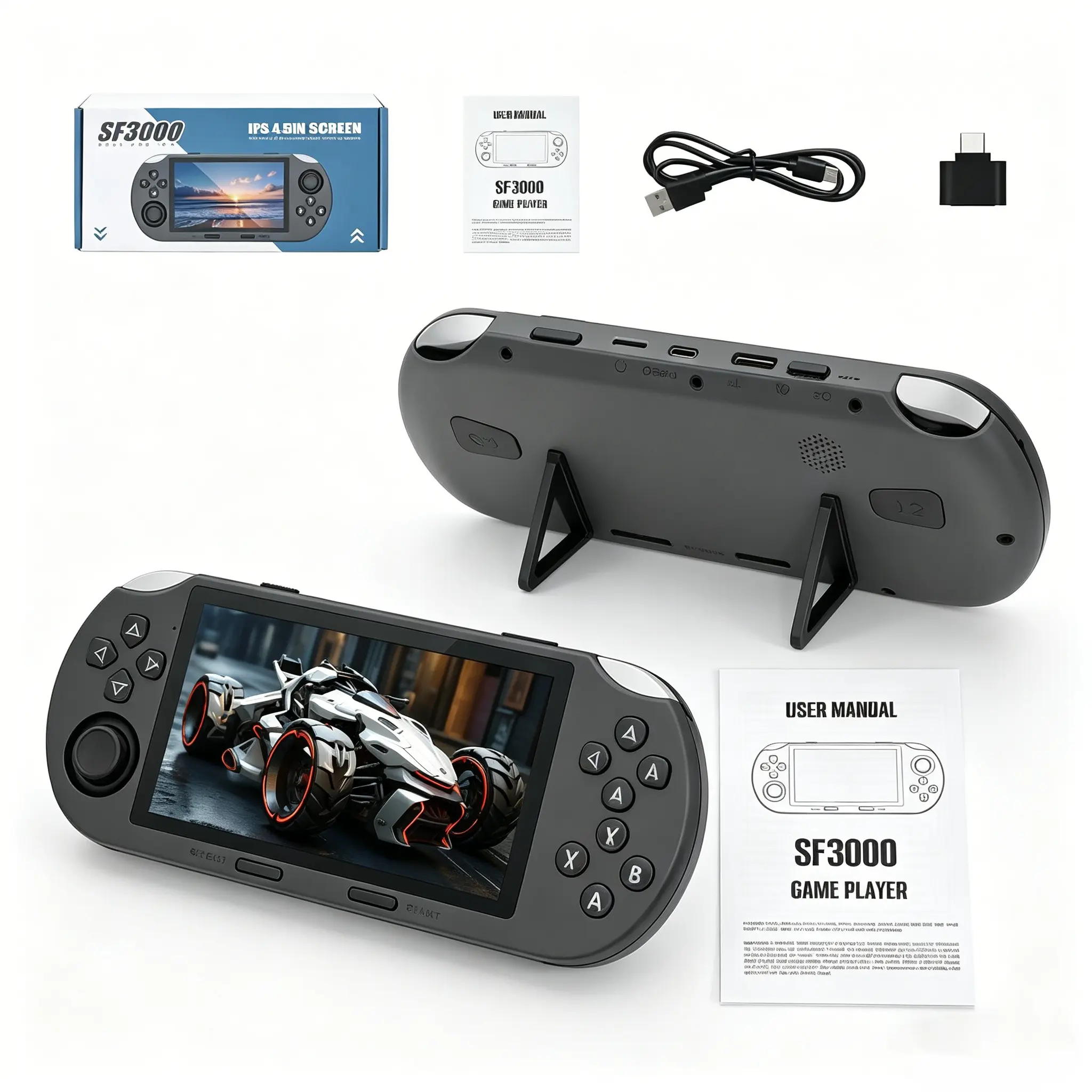 Sf3000 Retro Game Console 64GB, Rechargeable Portable Console, Handheld Video Game Machine, 20000+ Games, 4.5 Inch HD Screen, TV Output, 3D Dual Joystick, Perfect Gift