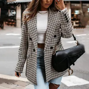 NewLong Sleeves Loose Buttoned Houndstooth Notched Collar Blazer Outerwear Tops Womenswear Spring Fashion