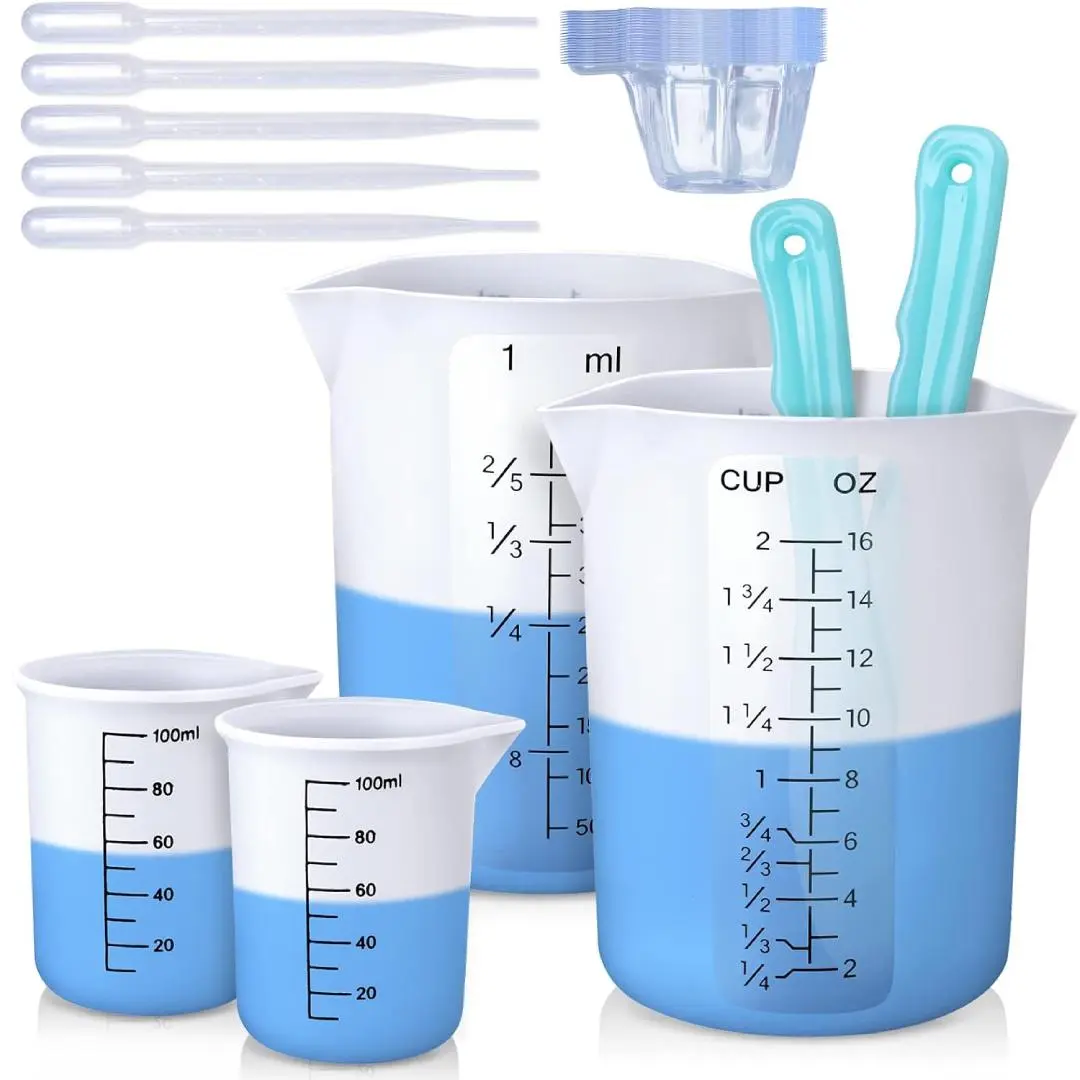 1Set Silicone Measuring Cups, 450 ml and 100 ml Mixing Kit, Two-scale Reusable Silicone Cups and Stirring Sticks Are Easy To Clean for Resin Molds, Pigments and Glitter Tumblers