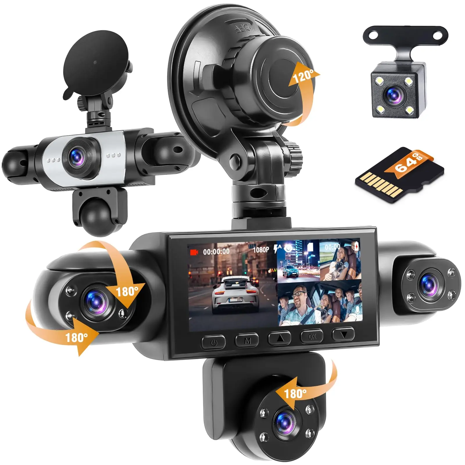 Automotive Driving Recorder 5-Channel Dash Cam for All Cars, 1080p Front & Rear, 64GB TF Card (64 GB Storage), 3.16-Inch IPS Screen, 150°/120° Wide-Angle, Night Vision, Loop Recording, Reverse Assist, Micro SD Compatibility