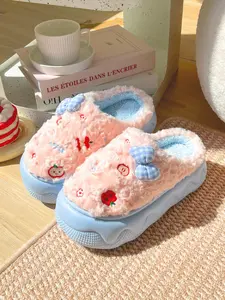 Women's Cartoon Apple Cotton Slippers, Fall & Winter Indoor Home Shoes, Soft Thick Sole, Embroidered Design, Warm Eva Material, Fuzzy House Shoes, House Slippers