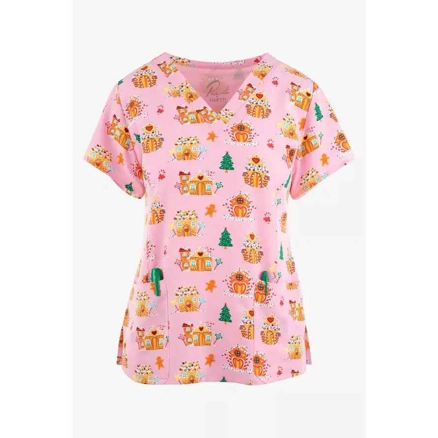 Women's Scrub Top, Modern Fit V-Neck Stretch Workwear Uniform with Gingerbread Village Holiday Print, 3 Pockets, Clothes, Uniforms, Style