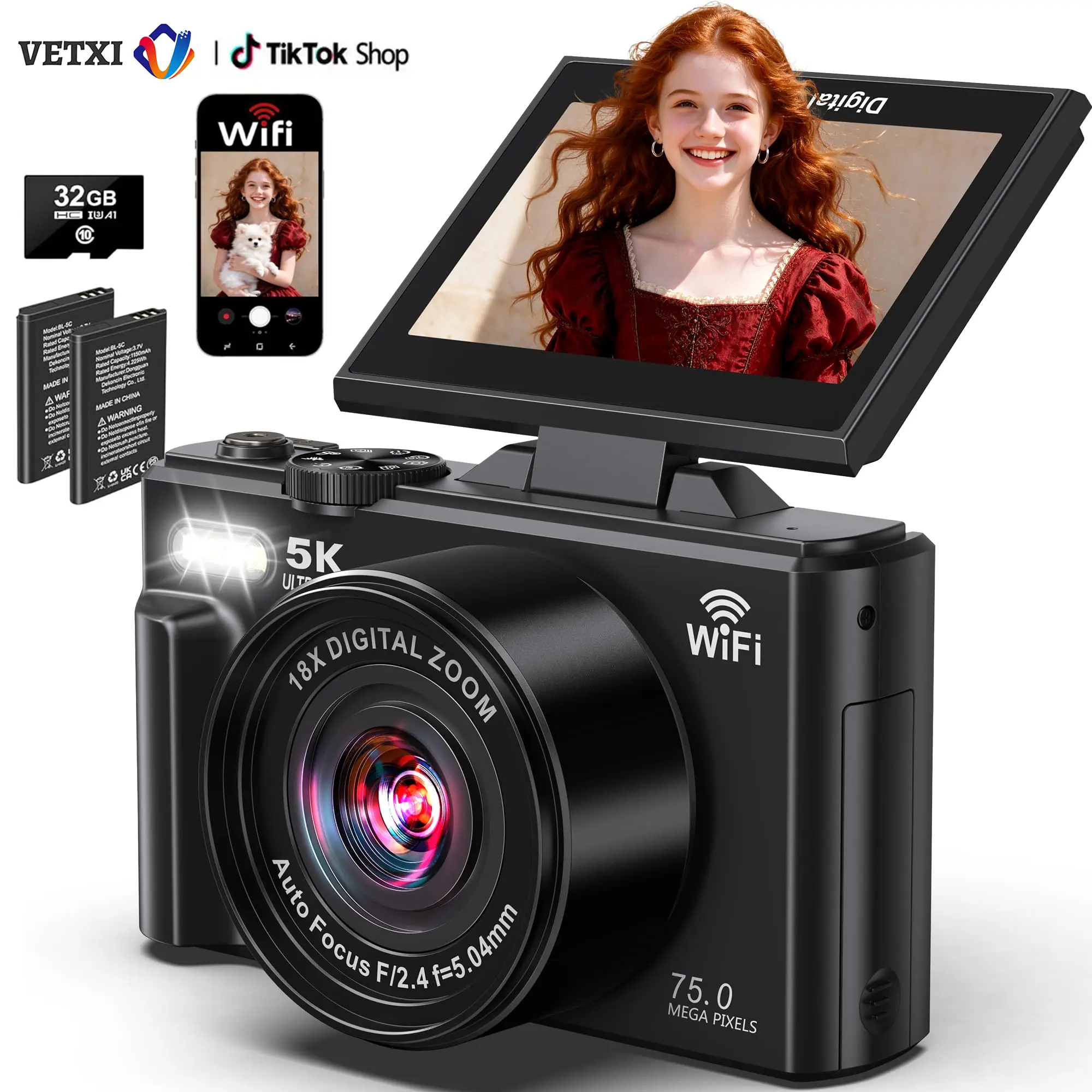 VETXI-5K Beginner Wireless Vlog Digital Camera for Photography & Recording, 75MP 5K UHD Autofocus, WiFi, 3" 180° Flip Screen, 18X Zoom, 32GB SD Card, 2 Batteries, Flash, Rechargeable Student Point & Shoot Travel Camera, Beginner Digital Camera