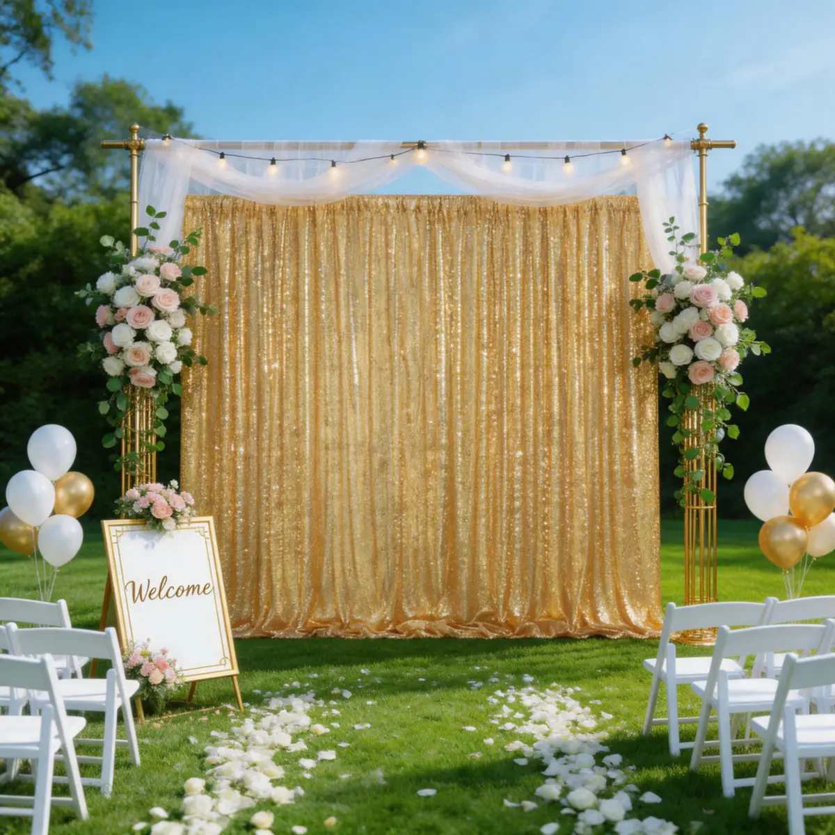 Gold Sequin Radiant Backdrop Curtains 1 Pack 10x10FT, Dazzling Glitter Fabric for Wedding Reception, Candy Buffet, Anniversary, Photo Booth, Event Decoration