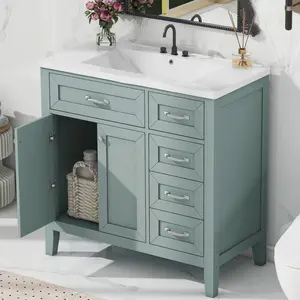 36" Bathroom Vanity with Sink Combo, Green Bathroom Cabinet with Drawers, Solid Frame and MDF Board