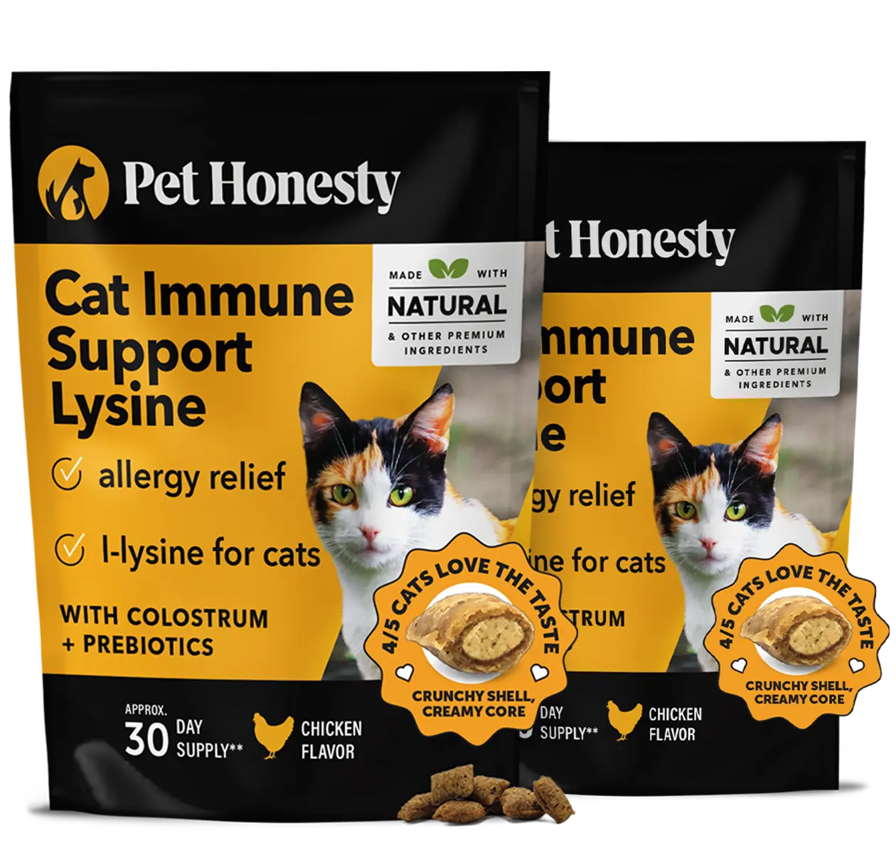 Pet Honesty Dual Texture Immune Support Lysine for Cats – Allergy Relief & Immune Health Supplement for Cats 2-Pack (60 Day Supply) – Supports Respiratory, Skin & Immune System with L-Lysine, Colostrum & Quercetin (Chicken Flavor)