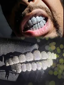 Hiphop Gold Grillz Set, Hip Hop Street Style Jewelry, Rhodium Plated, Trendy Individuality Accessory, Perfect for Rappers, Hip Hop Influence