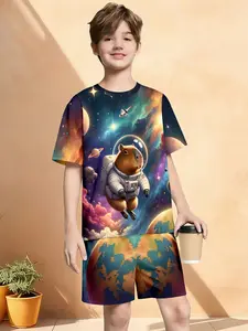 Boys' Space Whale Short Sleeve Set, Dream Cloud Homewear, Asymmetrical Design, Casual Fitted Tee, Natural Waist Shorts, Random Print