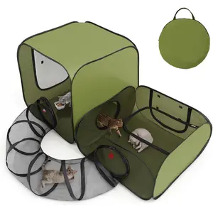 Cat Playpen, 3-in-1 Pop-up Outdoor Cat Enclosure with 2 Rooms 1 Tunnel, Breathable Pet Playpen for Indoor Outdoor Use, Portable Catio Tent with Carry Bag for Kitten Rabbit Small Animals, Green