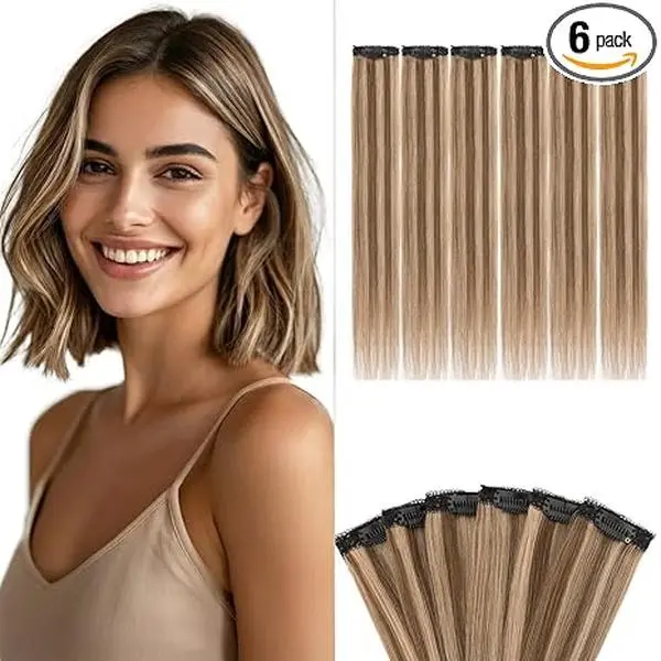 6 PCS Clip in Real Hair Extensions 100% Human Highlight 10" #4P27 | Single Clip in Hair Extension for Women Instant Volume Highlight Hair and Add Length 100% Human Hair Medium Brown Dark Blonde