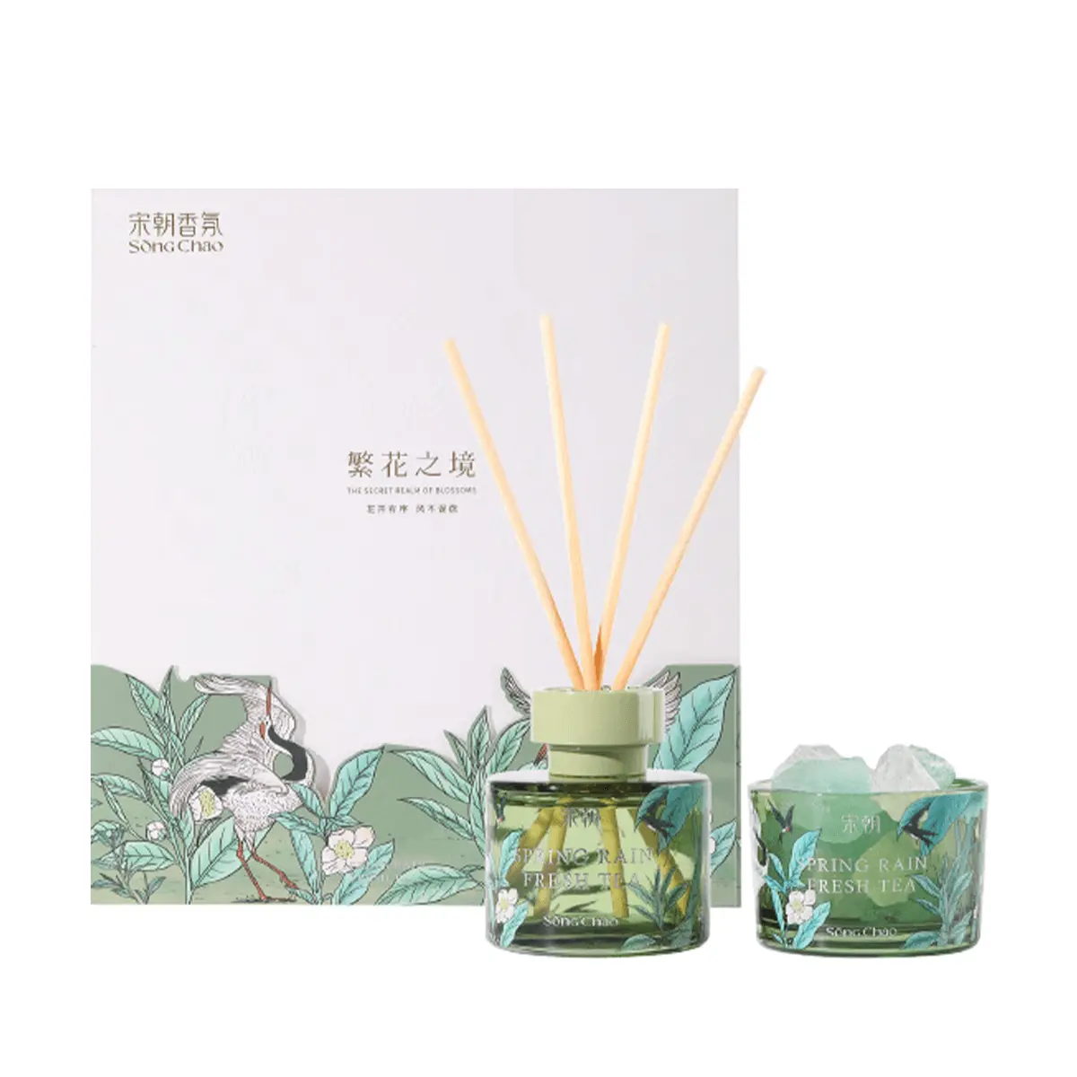 SONG CHAO Blooming Scents Series Retro Scented Aroma Diffuser Stone Gift Set, Spring Rain Green Tea Freshener with Decor Bottle for Home Fragrance