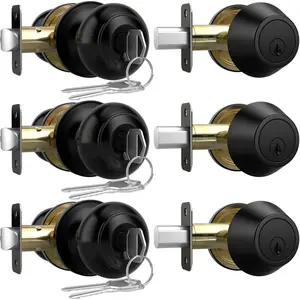 Exterior Door Knob with Lock and Key, 3 Pack Keyed Alike Entry Door Knob for Front Door Lock Set, Matte Black Exterior Door Knob and Single Cylinder Deadbolt Set
