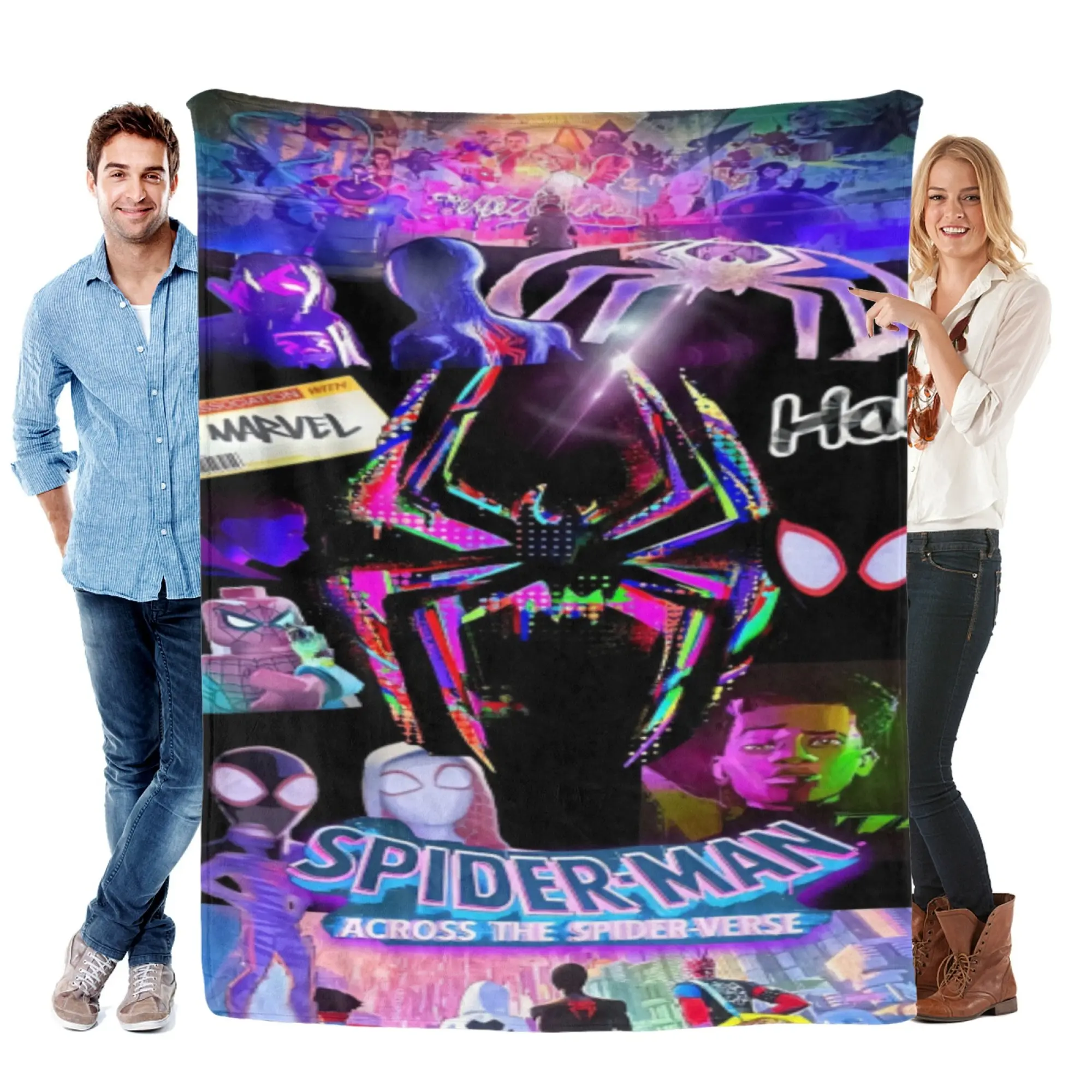 [SummerVibes] MARVEL Spider-Man Across the Spider-Verse Flannel Blanket, Neon Glitch 2D Print Soft Throw for Home, Couch, Teens & Gamer Room Decor