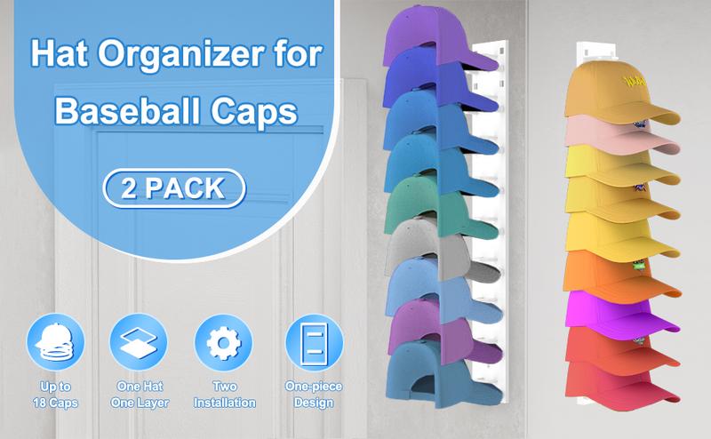 2  Pack Hat Organizer Wall Mounted Adhesive Cap Rack Holds 18 Hats for Closet Door Bedroom Black or White