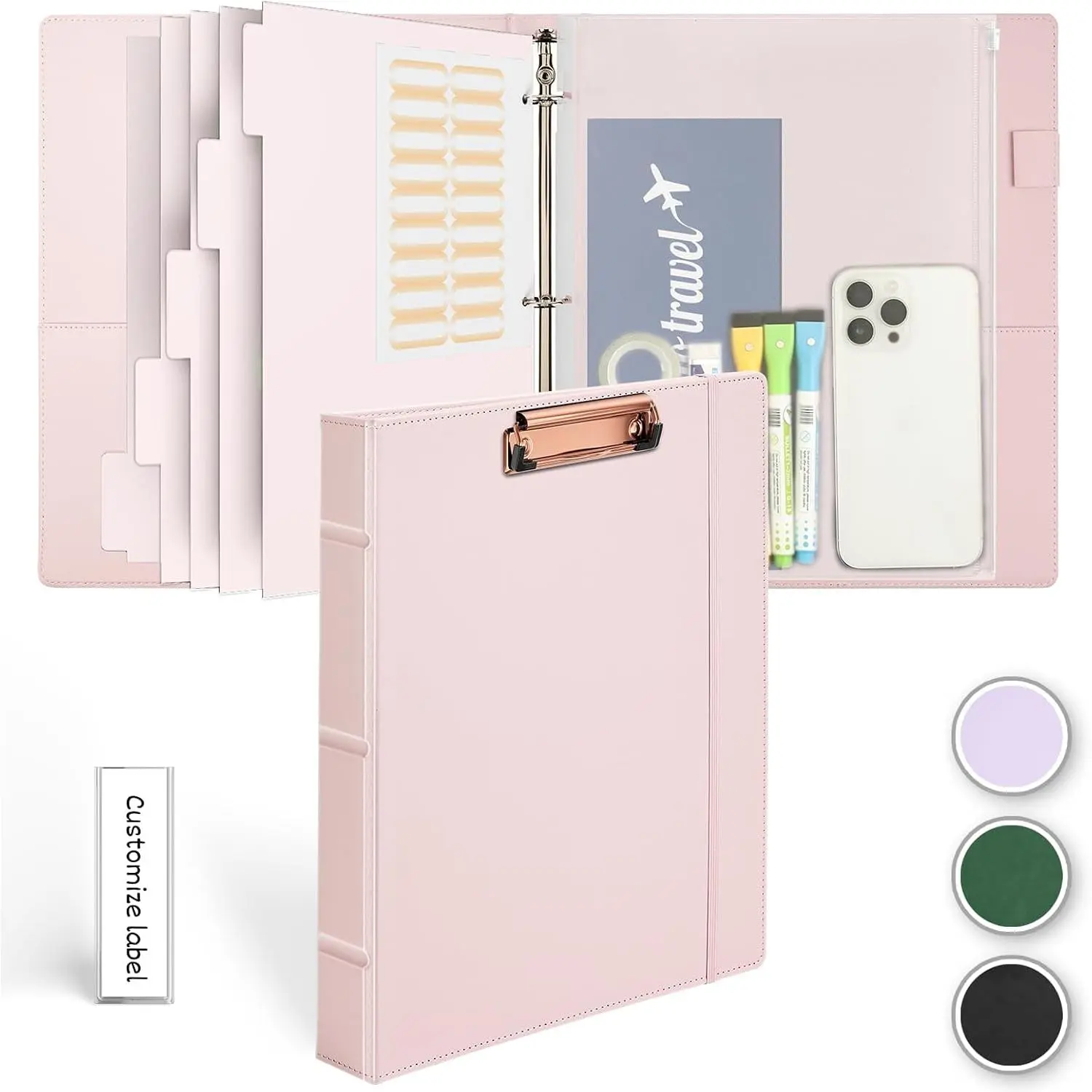 Hardcover 3 Ring 1 inch Leather Binder, Letter Size Binder Dividers with Tabs, PVC Zipper Pouch, Professional Organizer, Faux Rose  Leather