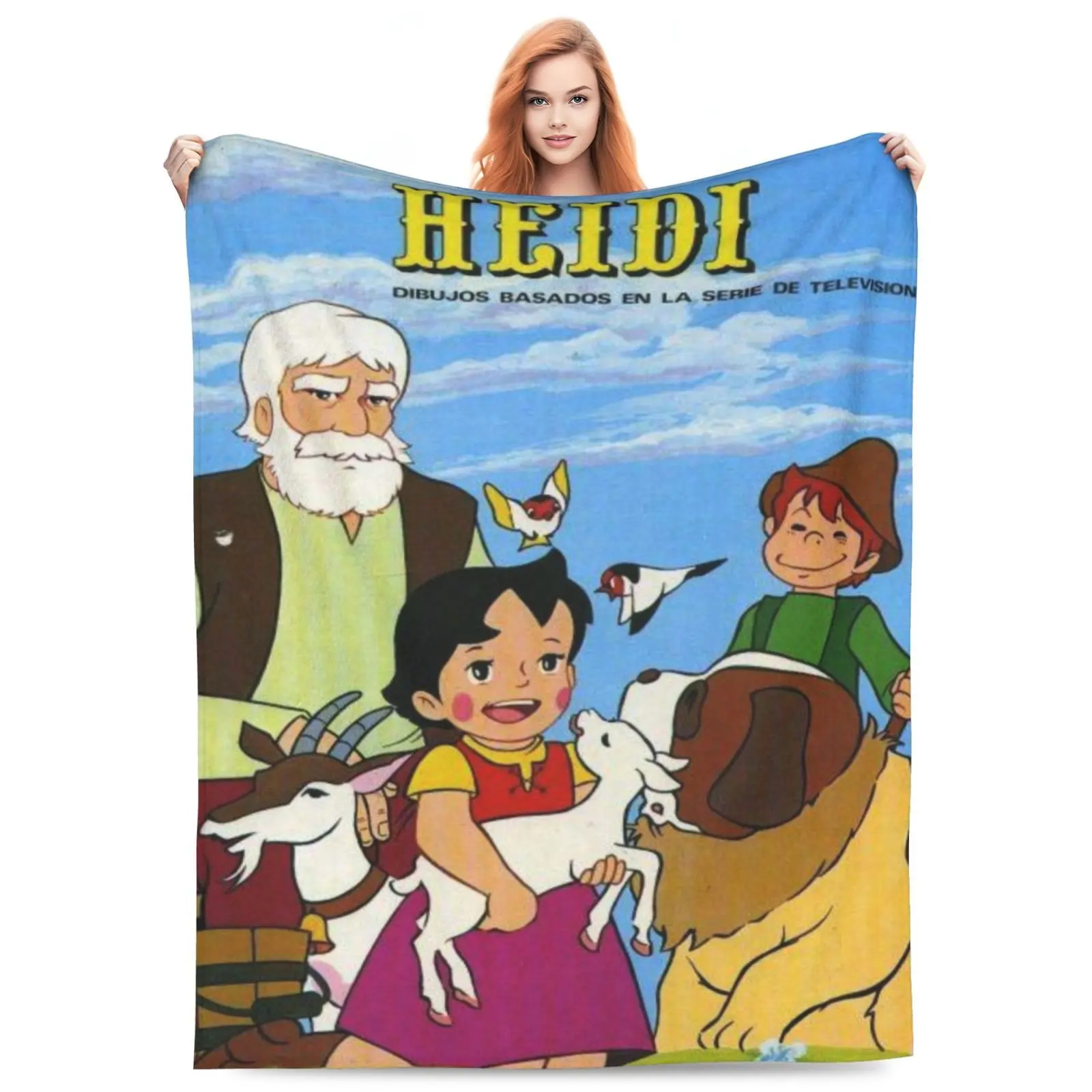 Heidi Cartoon Pattern Blanket - Soft, lightweight, comfortable, suitable for bed, sofa, camping, travel - All year round, modern style, digital printing, knitted, 100% polyester fiber, 250-300 g/m² - Perfect as a gift for girls, boys, and adults, Cozy Vib