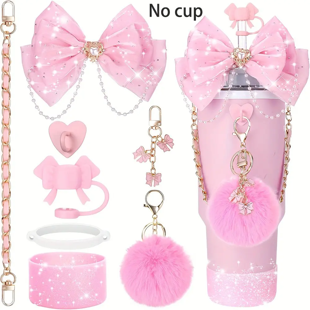 Bling Cup Accessories for 30oz 40oz 20oz Tumblers, Bow Straw Topper, Leather Handle Strap, Silicone Boot, Charm Chain, Perfect Gift Set
