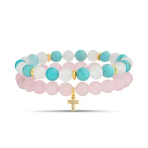 Rose Quartz, Aqua + White Jade Cross Charm Stretch Bracelet Set