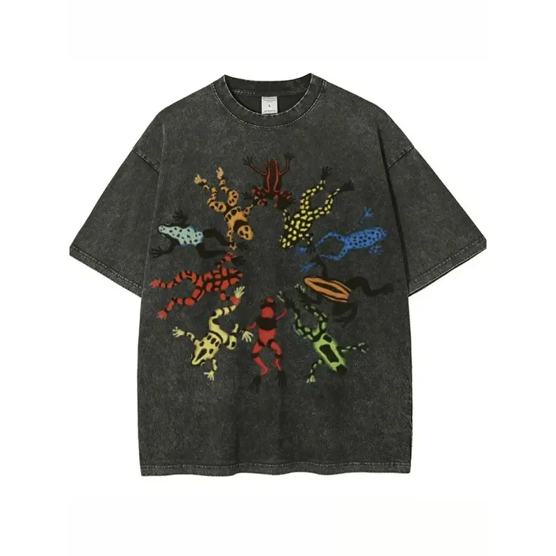 Washed, Dancing Frog Feast Print T-shirt, High-quality Batik Vintage Fashion Brand T-shirt, Unisex T-shirt, Popular Daily Wear T-shirt, Holiday Gift, Perfect Present
