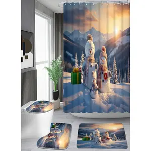 1/4 piece warm snowman family of three patterned shower curtain set, waterproof shower curtain with 12 hooks, non-slip bathroom carpet, toilet U-shaped cushion, toilet seat cover cushion, bathroom shower curtain set, perfect moving gift.