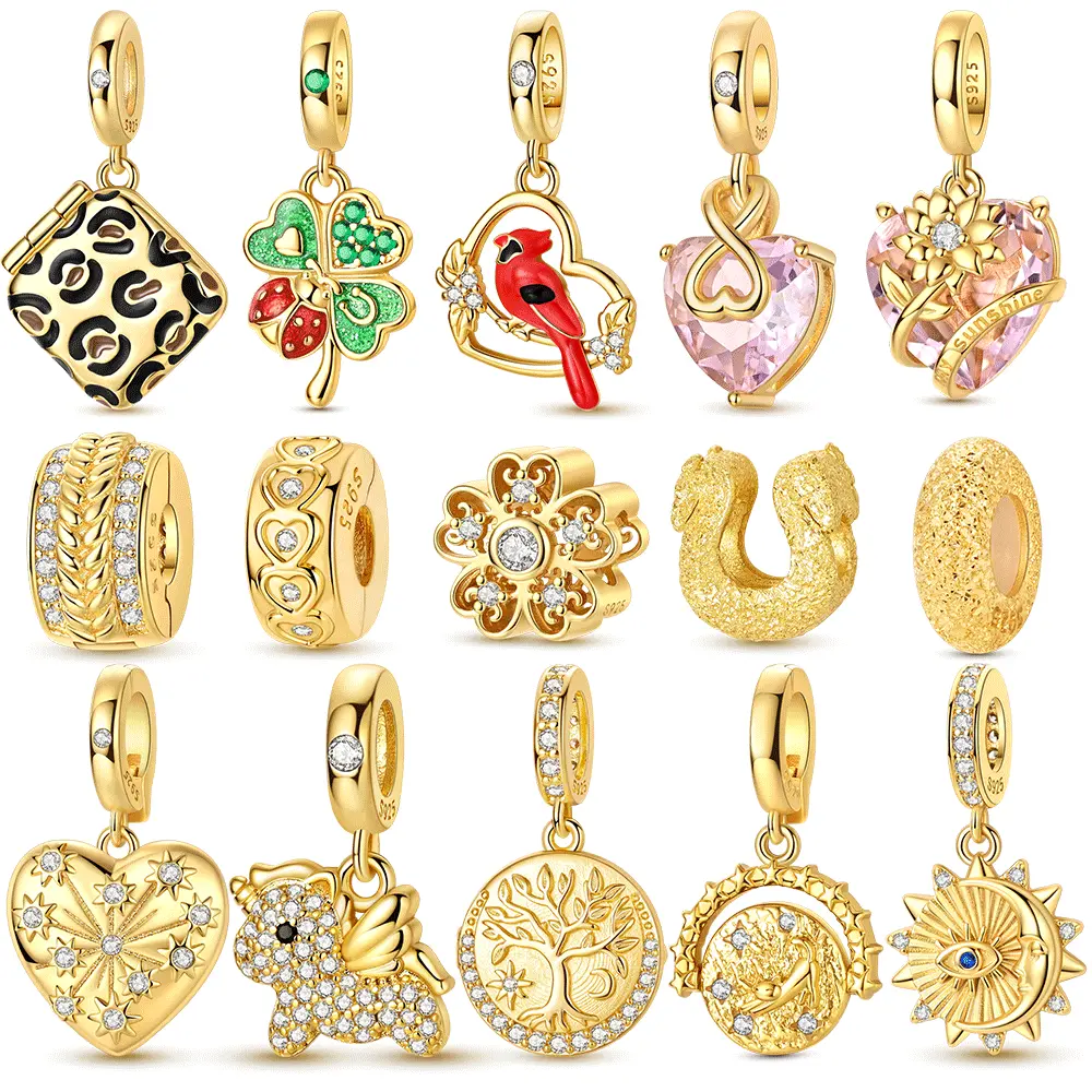 Original 925 Sterling Silver Gold Lucky Charms Set Beads Fit Bracelet DIY Heart Clover Life Tree Pendant for Woman Jewelry