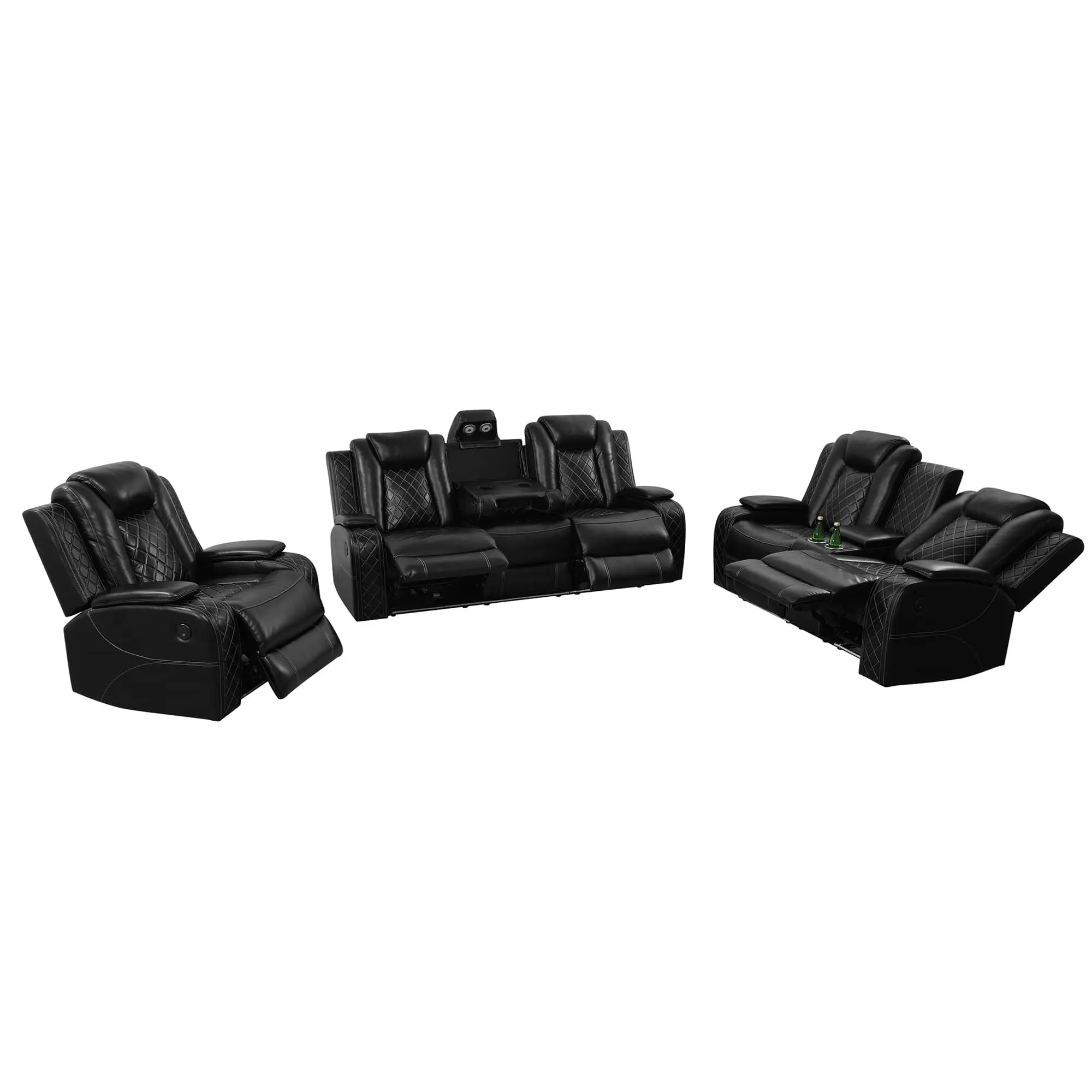 Modern Black Leatherette Power Reclining Sofa Set, 3-Piece Home Theater Recliner Couch Suite for Living Room, Media Room & Private Cinema