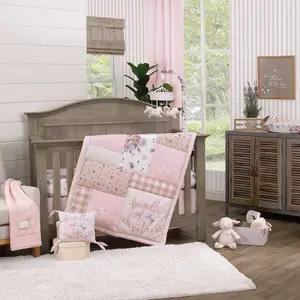 Farmhouse Chic Pink, Periwinkle, and White Floral, Stripes, Gingham, and Velvet 'Bundle of Sweetness' 4 Piece Nursery Crib Bedding Set - Comforter, 100% Cotton Fitted Crib Sheet, Crib Skirt, and Storage