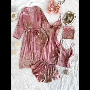 Women's Plants Print Satin Pyjama, Long Sleeve Belted Robe & Cowl Neck Cami Night Dress & Backless Cami Top & Elastic Waist Shorts & Storage Bag Set, Pajama Sets, Glam Lounge Wear, Loungewear, Pjs