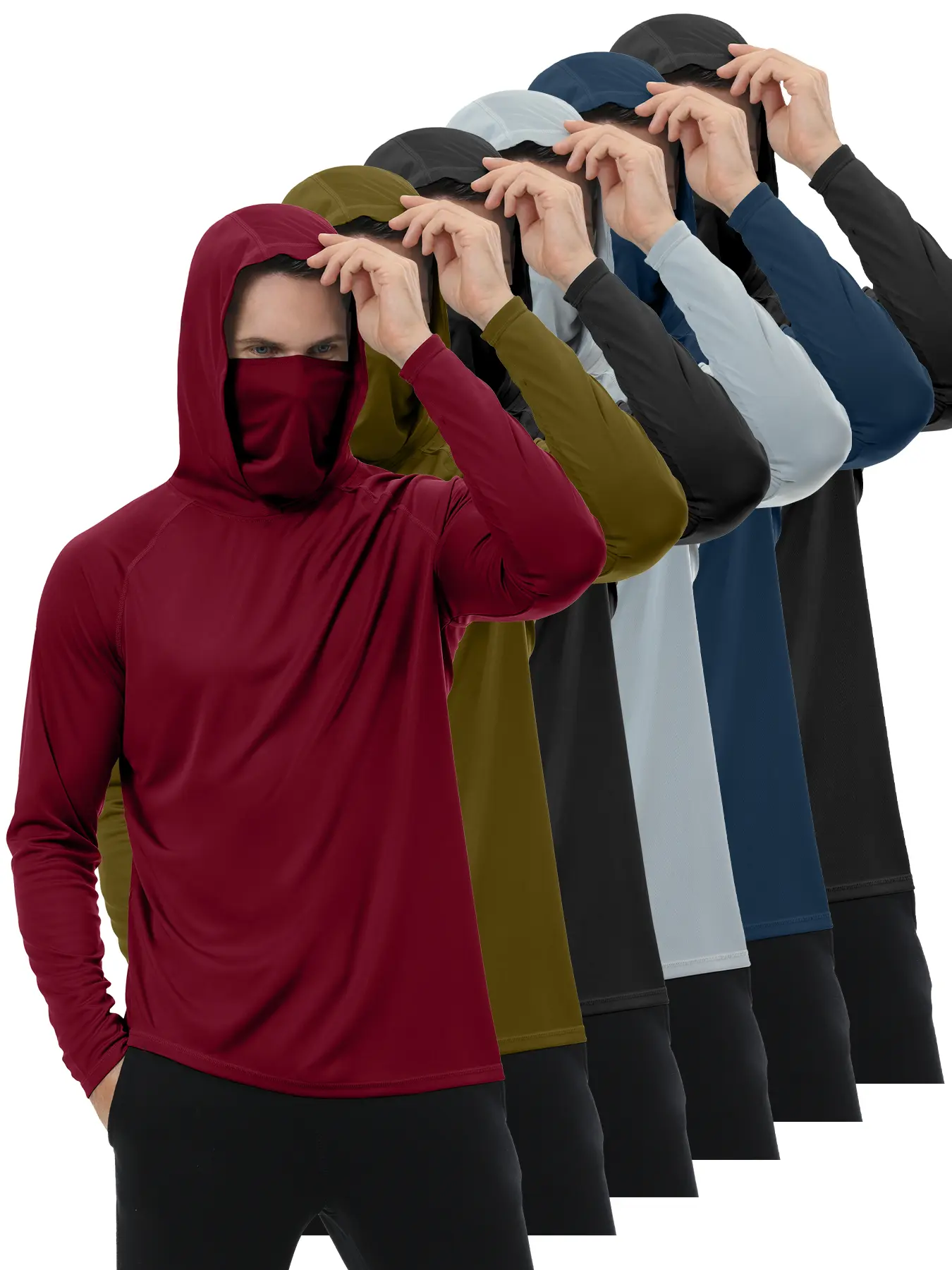6 PACKS Mens Fishing Hoodie UV Sun Protection Shirts UPF Rash Guard Long Sleeve Shirts Hiking Performance Mesh Face Mask Top
