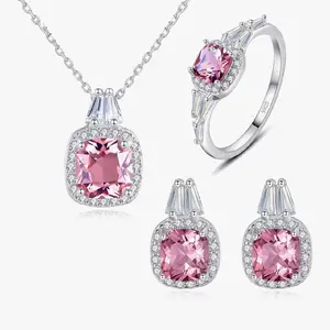 925 Sterling Silver CZ Zircon Halo Simulated Morganite Necklace Earrings Ring for Women, Cubic Zirconia Cushion Cut Nano Pink Gemstone Small Size Pendant Stud Band Costume Jewelry Set with Gift Box