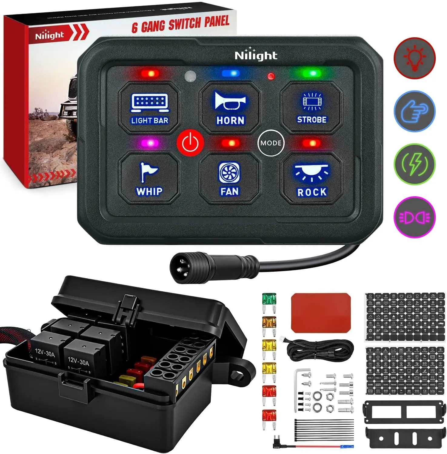 Nilight 6-Gang Car Dimmer Switch - 12V-24V DC Automotive Accessory with Blue Circuit Control Relay System, Fuse Wiring Harness, Toggle/Momentary/Strobe Modes, Automatic Dimmable Function, Strobe Light Module, Ambient Lighting for UTV, Truck, Dimmer Switch