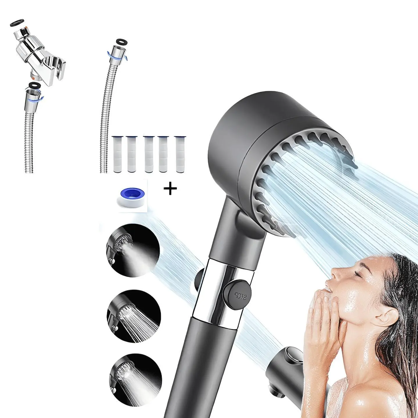 [9pcs] Shower Head with Handheld, High Pressure Water Flow Multiple Modes, 5 Filters, Power Wash for Hard Water, with ON/OFF Switch for Pets Bath Standing Showerhead White Turbocharged Showerhead