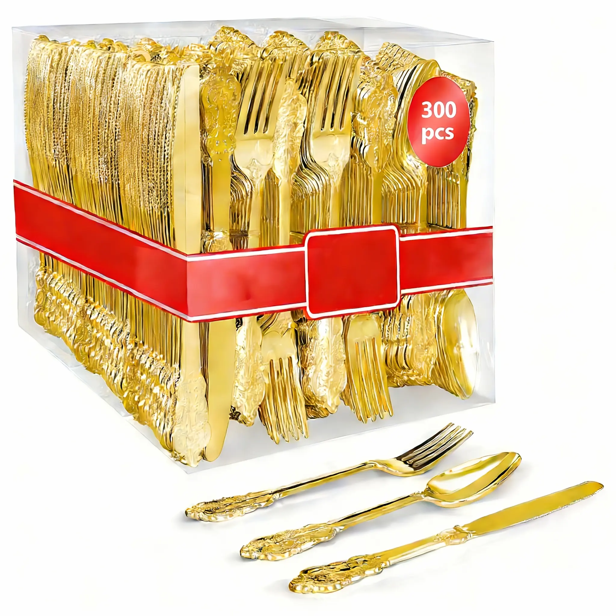 300pcs Premium Disposable Cutlery Set Serves 100 Guests Golden/Silvery Finish Durable Heavyweight Plastic Cutlery Resistant to Warping for Daily Use Ideal for Parties/Weddings/Holiday Gatherings Perfect for Valentine's Day, Christmas, And New Year's