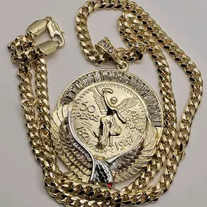 mexican eagle centenario pendant 77mm long 48.3mm wide-6mm 23.3 inch Chain 14 Karat Gold Plated not water resistant