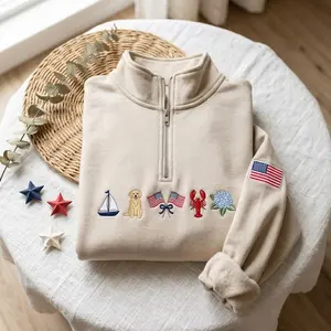 Embroidered Custom Summer Quarter Zip Sweatshirt, July 4th USA Shirt, Patriotic East Coast Crewneck, Patriotic Girly Gift