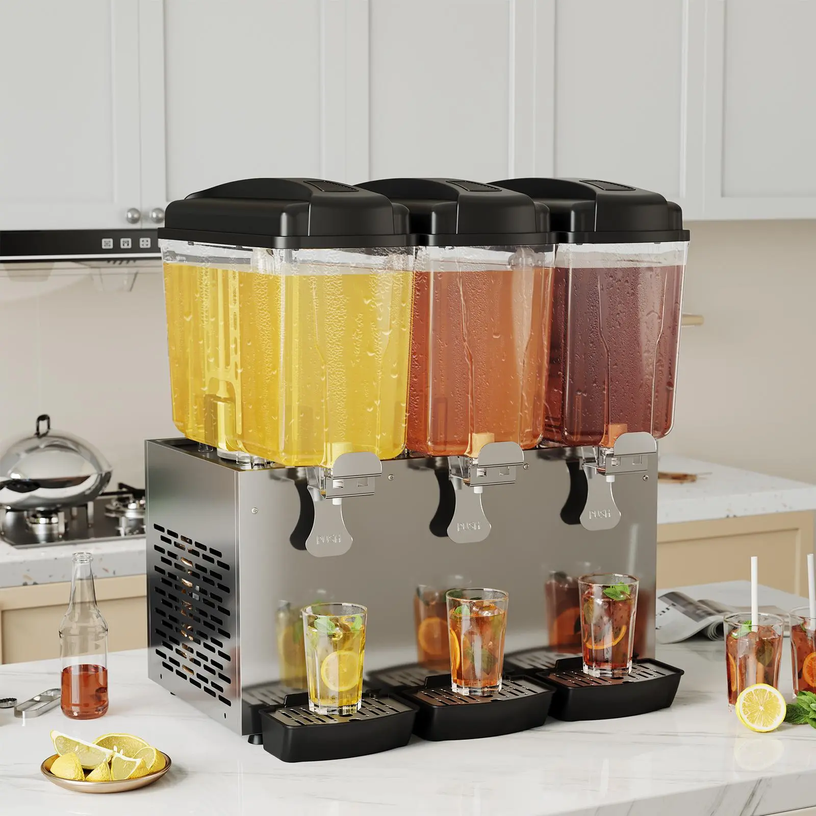 Large Capacity Commercial Beverage Dispenser - 3x18L Tanks, Stainless Steel, Floor Standing - Compressor Cooling & Thermostat Control - For Iced Tea, Juice, Lemonade, Cold Drinks - Restaurant, Bar, Catering, Buffet, Party