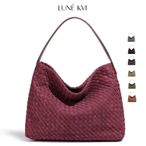 LUNÉ KVI Hand woven Large Capacity Matte Leather Shoulder Bag Frosted Suede Underarm Bag for Women Stylish Versatile Casual Commuter Bucket Bag Retro Chic Minimalist Crossbody