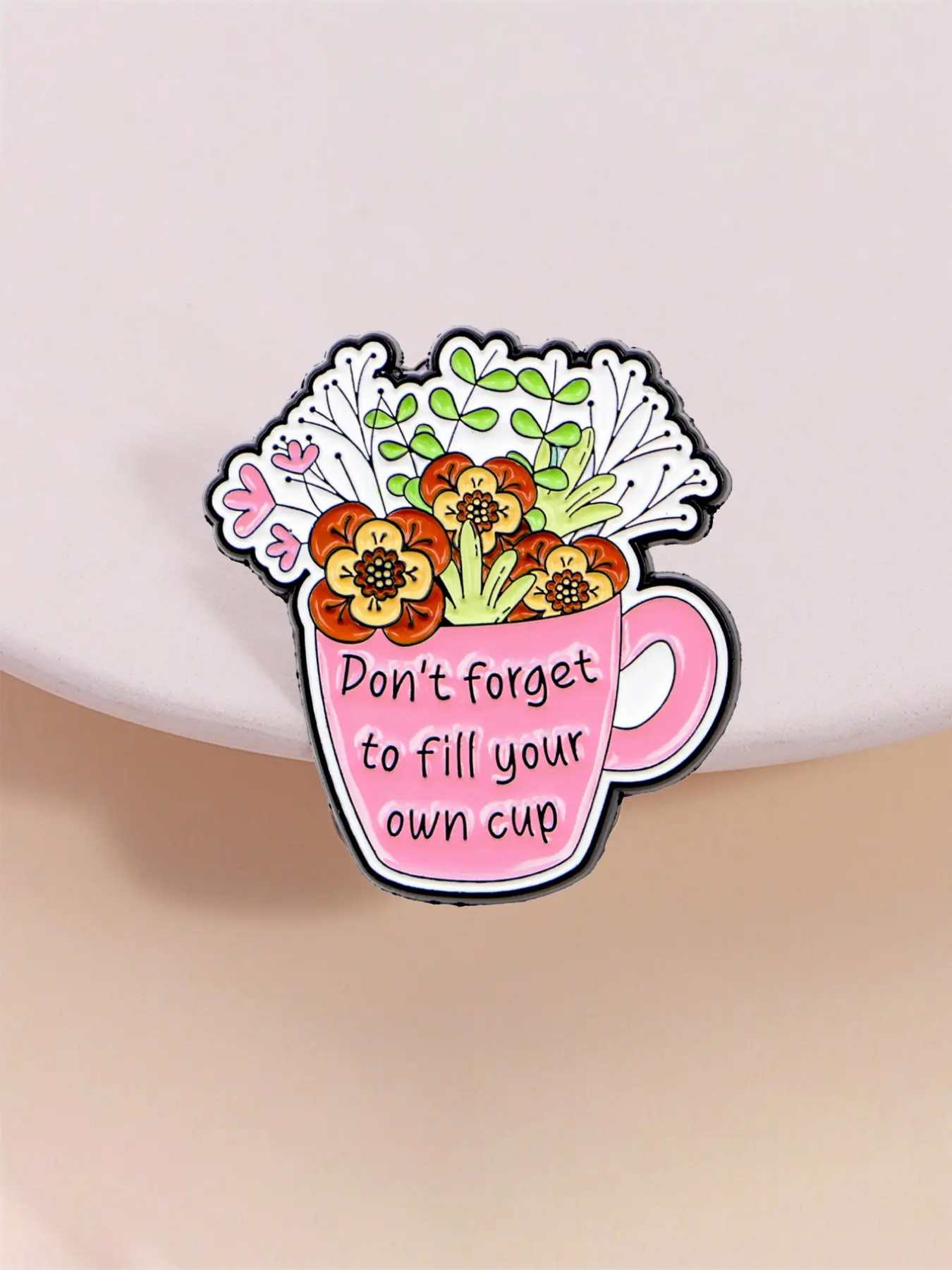 Self-Care Badge, Filled Cup Design, Floral Vase Healing Style, Positive Life Attitude, Daily Warmth Accessory, Backpack Decoration, Gift, Flower Brooch, Alloy Brooch Pin, Floral Pins