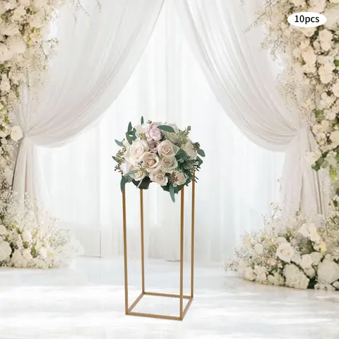 CNCEST 10× Flower Stands Set (Iron+Plastic, 9.44×9.44×23.62in/24×24×60cm) - Gold Rectangle Metal Decorations Supplies, Modern Tall Artificial Floral Arrangement Centerpieces for Wedding Table, Home Decoration
