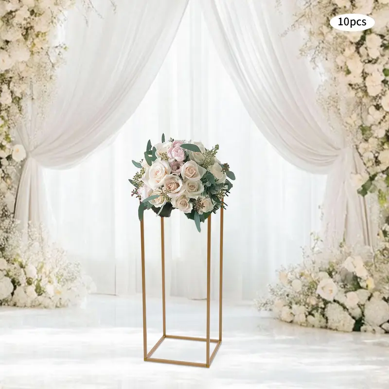 CNCEST 10× Flower Stands Set (Iron+Plastic, 9.44×9.44×23.62in/24×24×60cm) - Gold Rectangle Metal Decorations Supplies, Modern Tall Artificial Floral Arrangement Centerpieces for Wedding Table, Home Decoration
