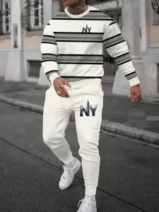 Men's Fashion Long Sleeve Hoodie Set, Casual Striped Ny Pattern Printed Pullover, Fall & Winter Regular Fit Sportswear, Streetwear Tracksuit Set, Sweatsuits Set, Graphic Tracksuit