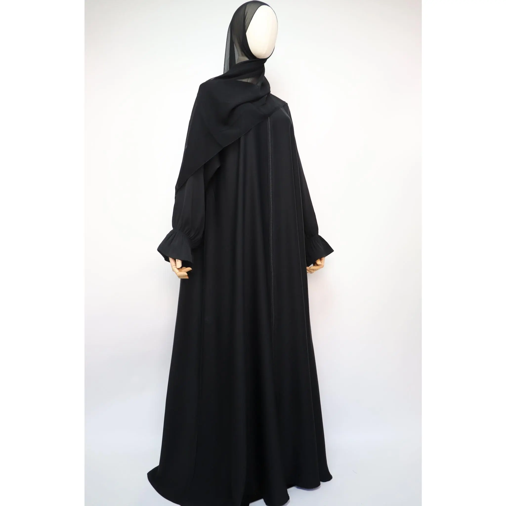 Full Zip Semi Flare Crinkle Abaya - Black