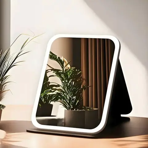 Elegant LED Lighting Makeup Vanity Mirror - Rechargeable, Lightweight, Touch Control, 3-Color Backlit, Dimmable, Compact Square Desk-Fitting Mirror for Bathroom Vanity Setup