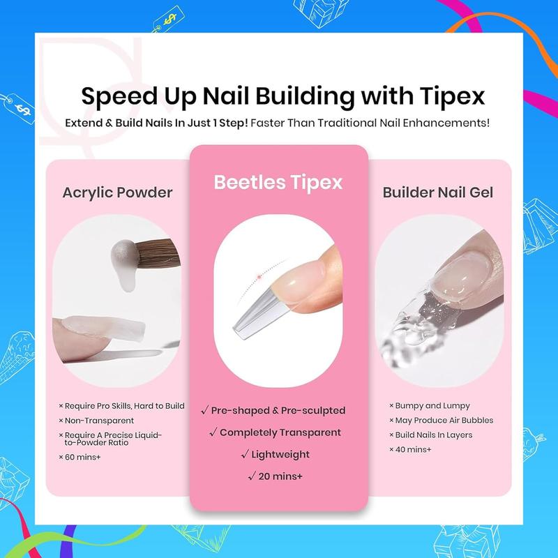 Beetles Tipex Nail Extension Tips Kit, with Nail Prep Kit, Base Gel, Top Gel, Almond/Coffin/Square/Oval/Stiletto/Squaoval Thick Acrylic Nail Flat Nails Manicure Gel Art DIY Nails Art Fall Nail Halloween Nail Black Friday Winter Nail Christmas Gift