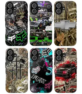 Vintage Hunting Racing iPhone 15 16 17 Tough Case, Camo Deer Drift Car Motocross Aesthetic Phone Cover, American Outdoor Glossy Protective Case for Men Gift
